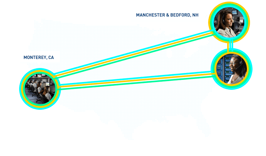 Centralarm Infinus is comprised of three dispatch facilities connected by multiple major data and phone carriers, that simultaneously share alarm signals and calls.